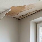 A corner of a room showing ceiling damage with peeling paint