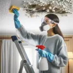A Person removing mold from a popcorn ceiling, while wearing appropriate protective gear.