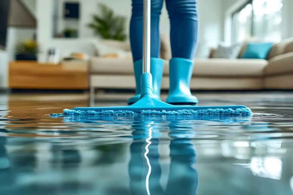 Woman mopping flooded the floor in a living room