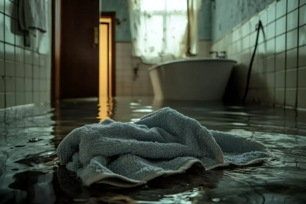 a discarded towel on a flooded bathroom floor