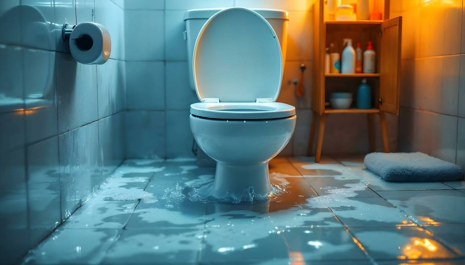 a flooded bathroom floor