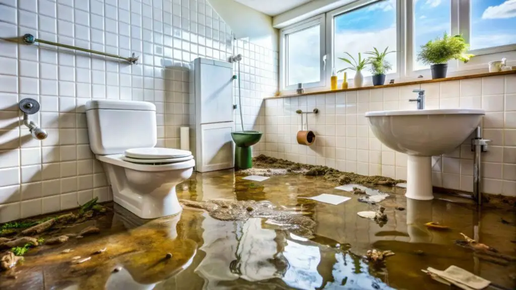 a flooded bathroom with water damage