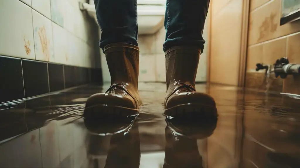 a person stands in Wellington boots in a flooded bathroom