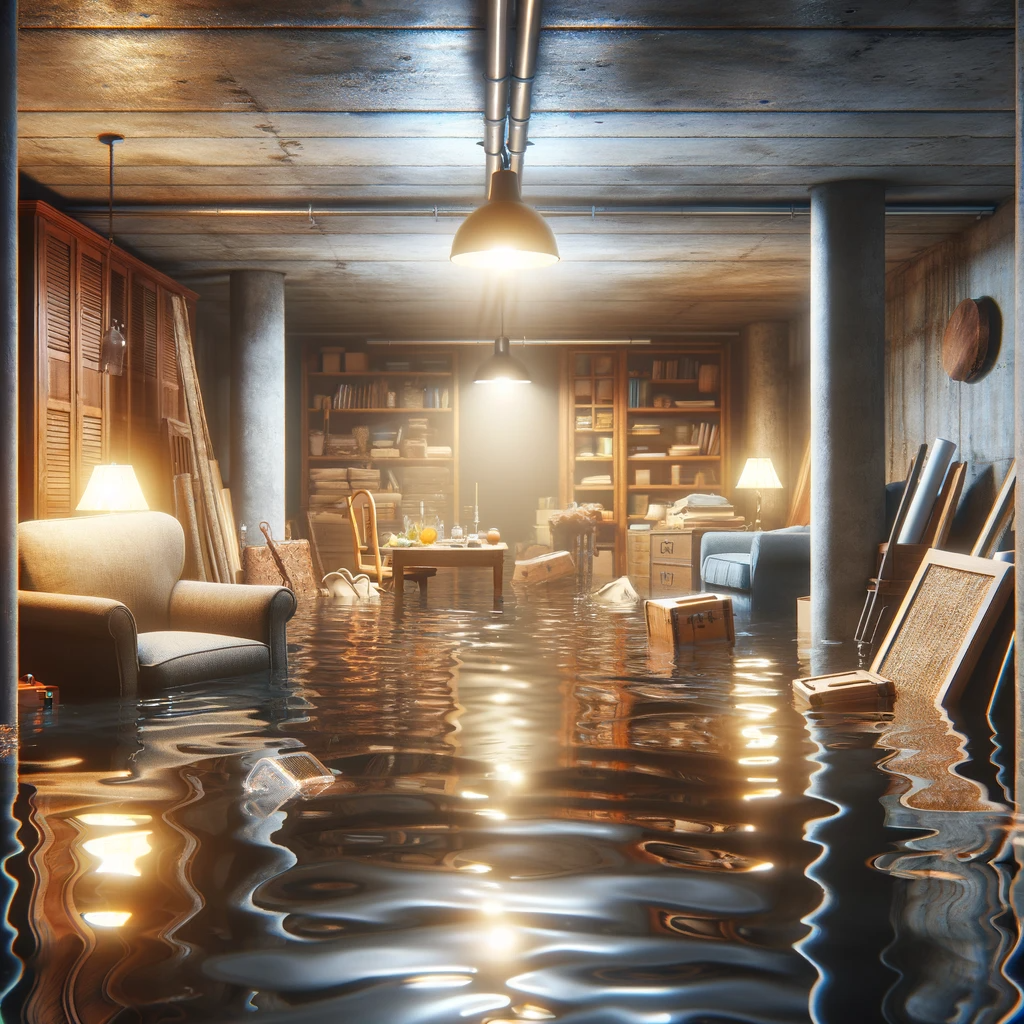 A flooded basement with visible water damage to furniture and items