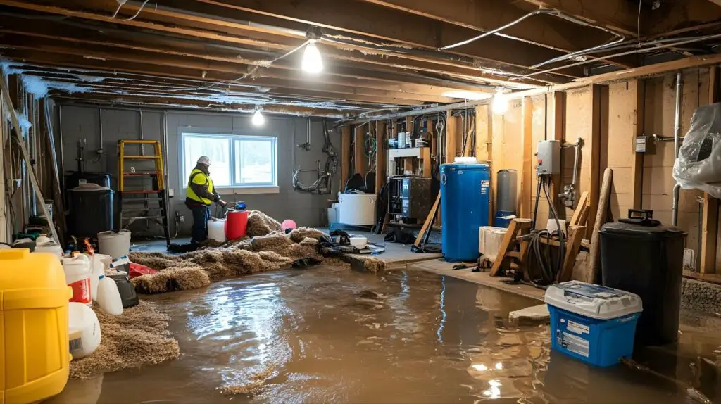 a specialist attends to a flooded basement