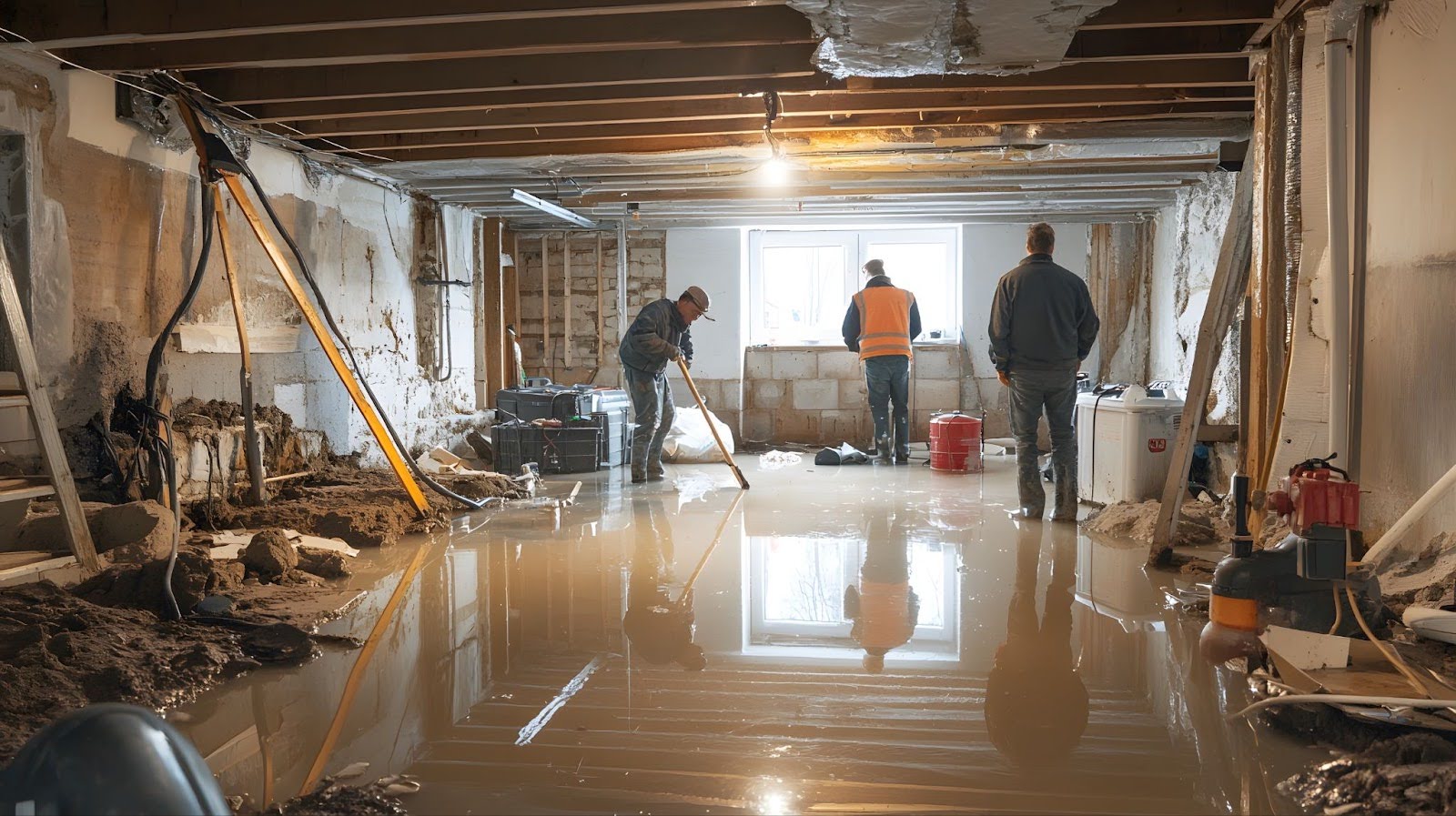 a team of professionals repair a flooded basement