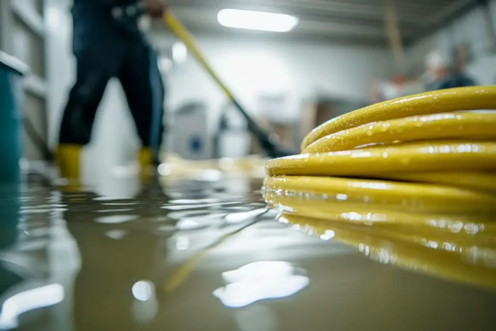 a water hose on standby in a flooded basement