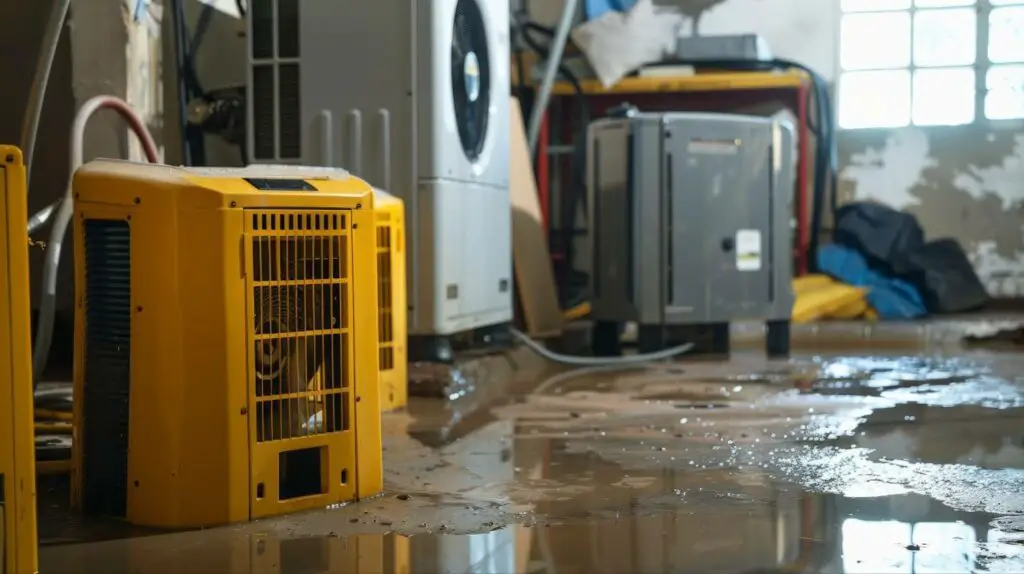 dehumidifiers in a flooded basement