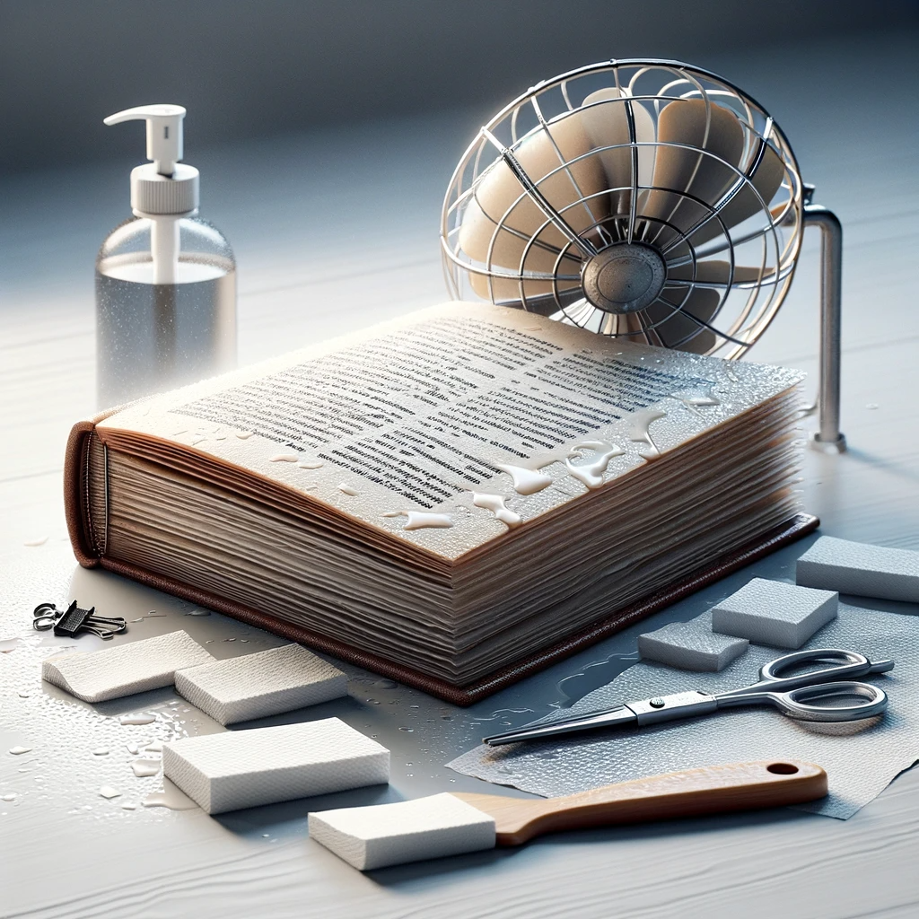 A Depiction of a wet book being dried out with a fan. Multiple wet pages can be seen.