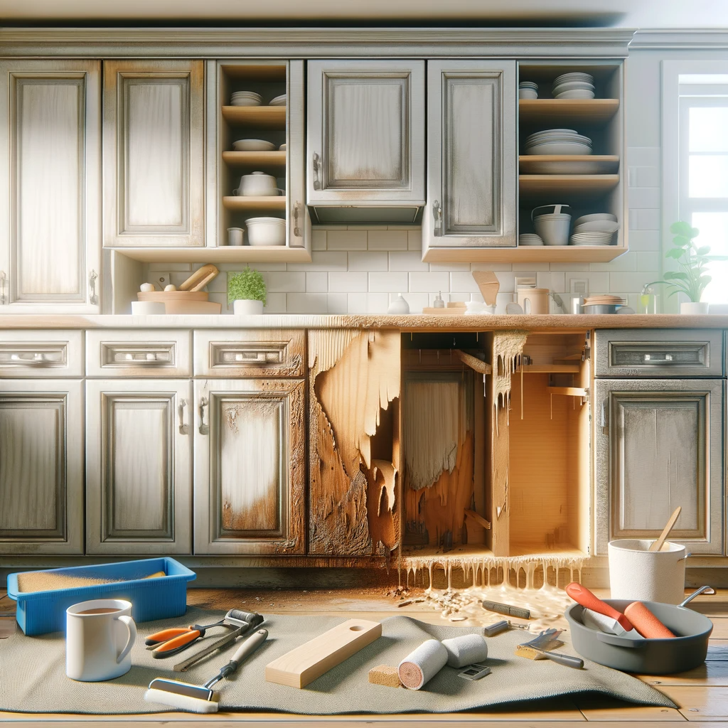 Image of water damaged kitchen cabinets, with the tools used to fix them.