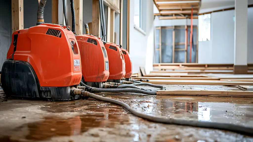 Water damage restoration services for leaky homes using commercial blowers, dehumidifiers, and pipes