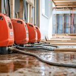 Water damage restoration services for leaky homes using commercial blowers, dehumidifiers, and pipes