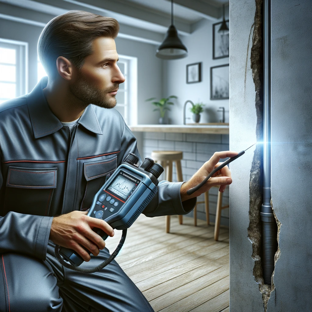 a professional plumber in uniform using an electronic leak detector to find a leak within the wall