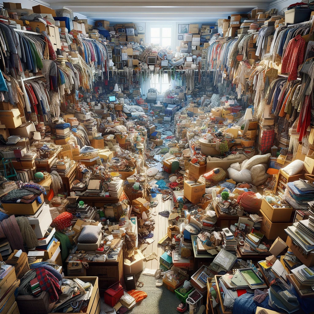 An extremely cluttered room filled with varioous items such as boxes, books, clothing and other hoarded household items.