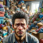 An individual looking overwhelmed because they are living in a hoarder house