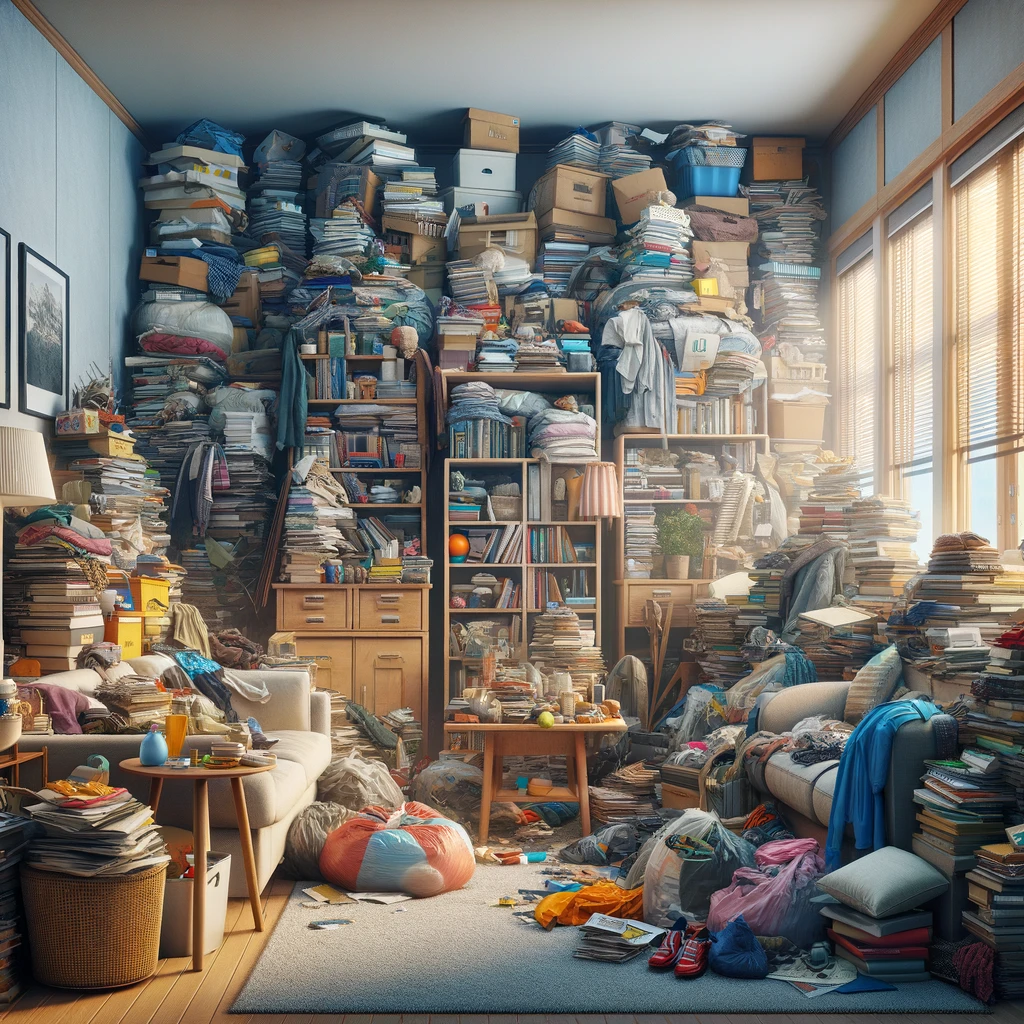 An image of a hoarders house with overflowing household items.