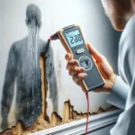 A Professional restoration expert testing for water damage on drywall