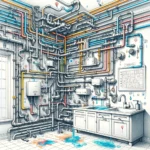 Illistration of a homes plumbing system with a network of pipes and fittings.