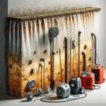 A closeup of a wall with various tools and equipment used to draw moisture out of the wall