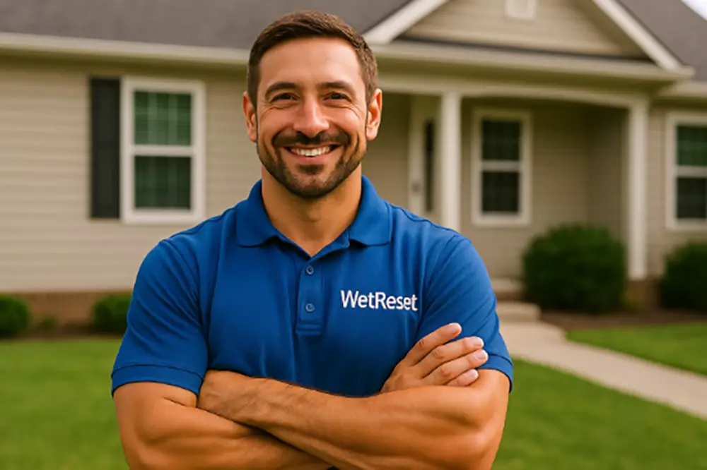 a contractor stood in front of a house, smiling, arms folded
