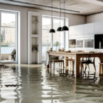 a flooded kitchen with dining set in the center of shot