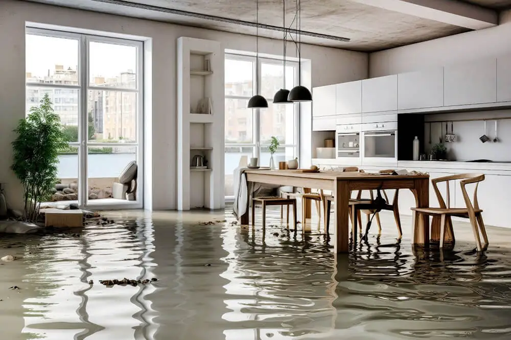 a flooded kitchen with dining set in the center of shot