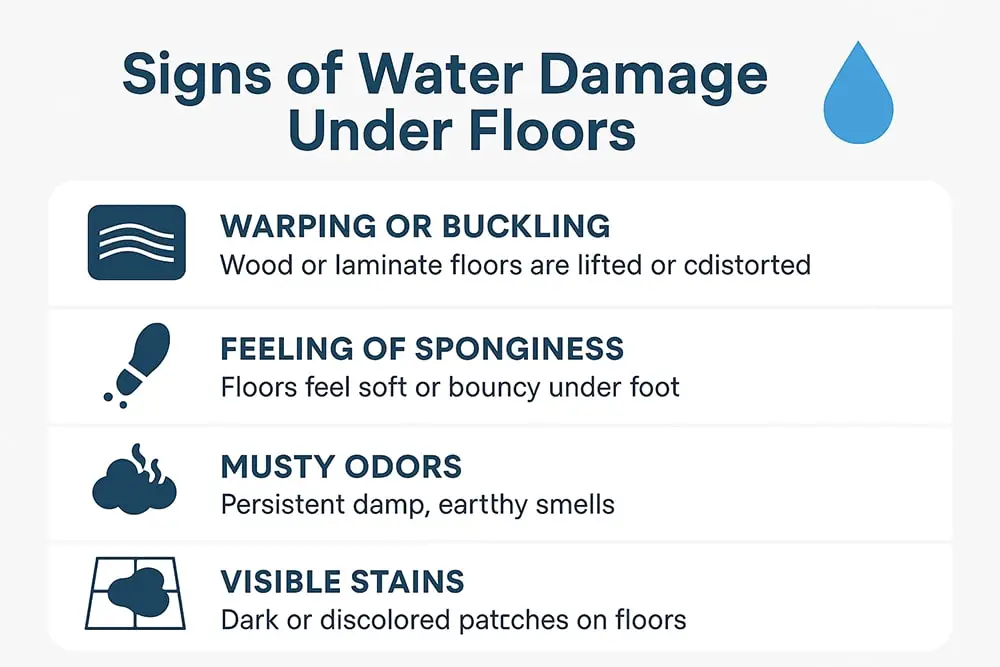 an infographic explaining signs of water damage under floors