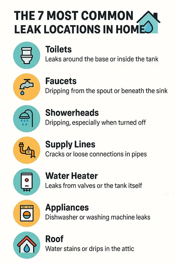 an infographic showing the most common water leak locations