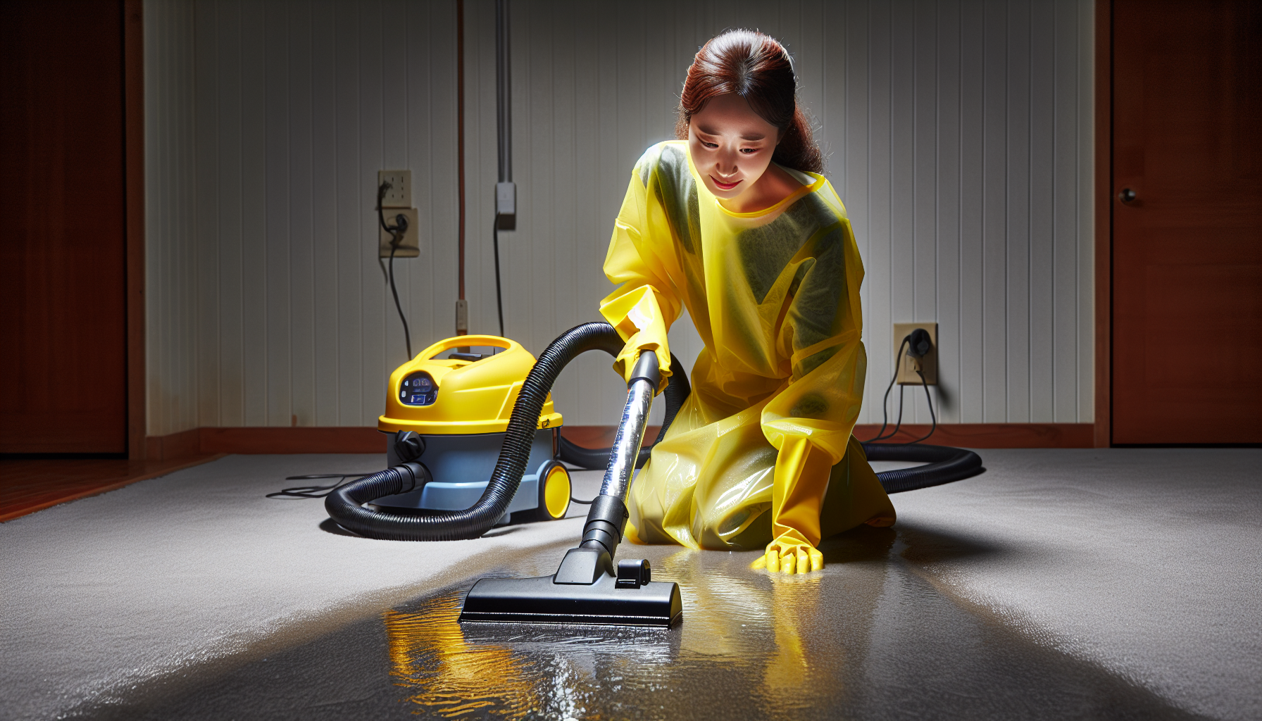 Person using a wet vacuum to remove water from a carpet