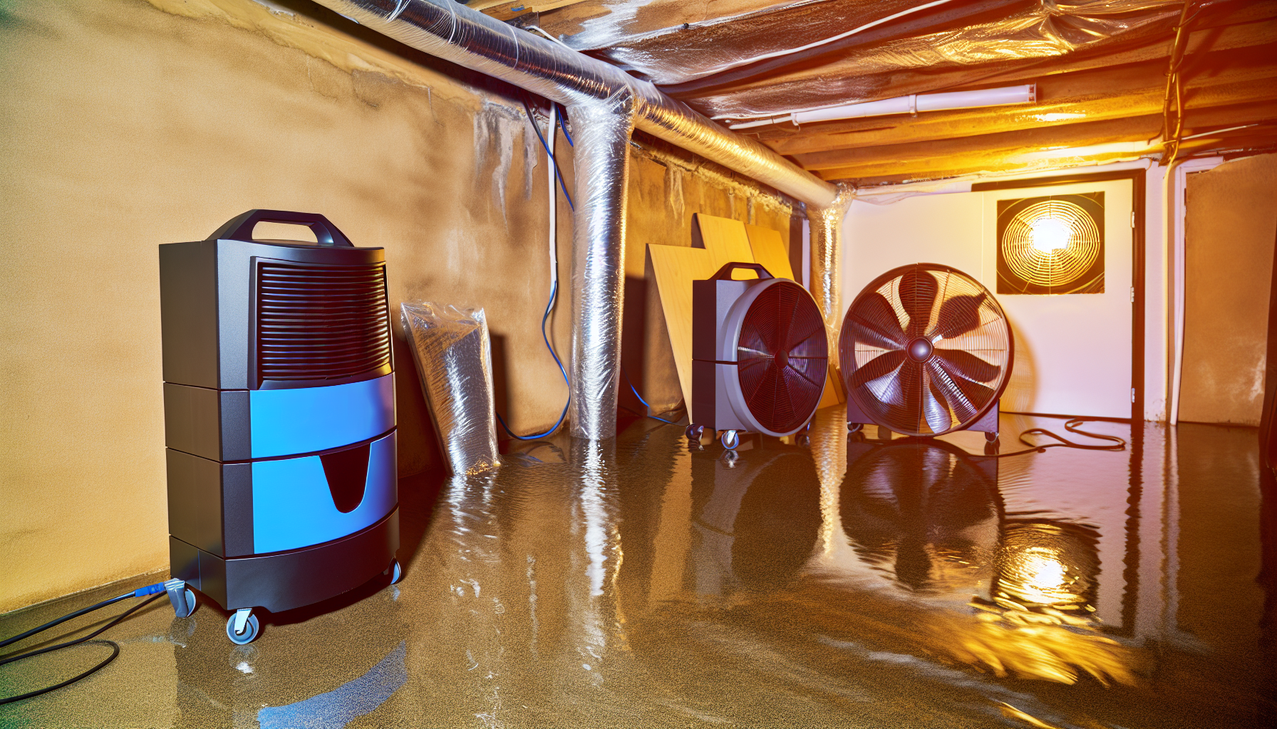 Dehumidifiers and fans accelerating the drying process in a flooded basement