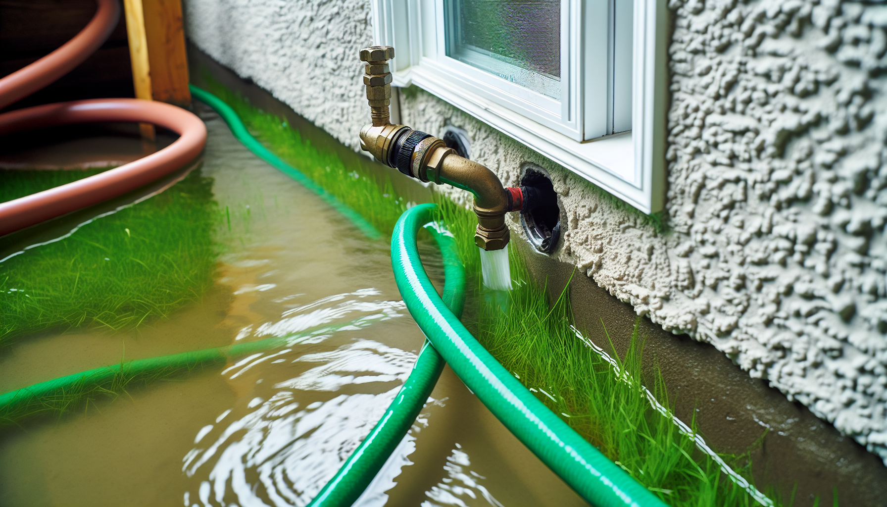 Garden hose being used to siphon water from a flooded area