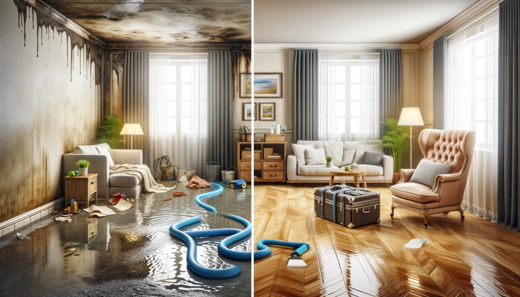 A depiction of a home during water damage, and after the reconstruction is completed