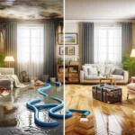 A depiction of a home during water damage, and after the reconstruction is completed