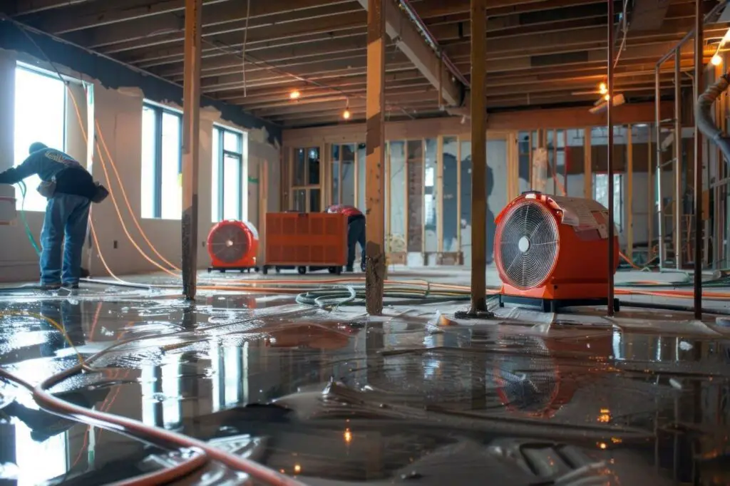 Industrial drying fans on the wet floor