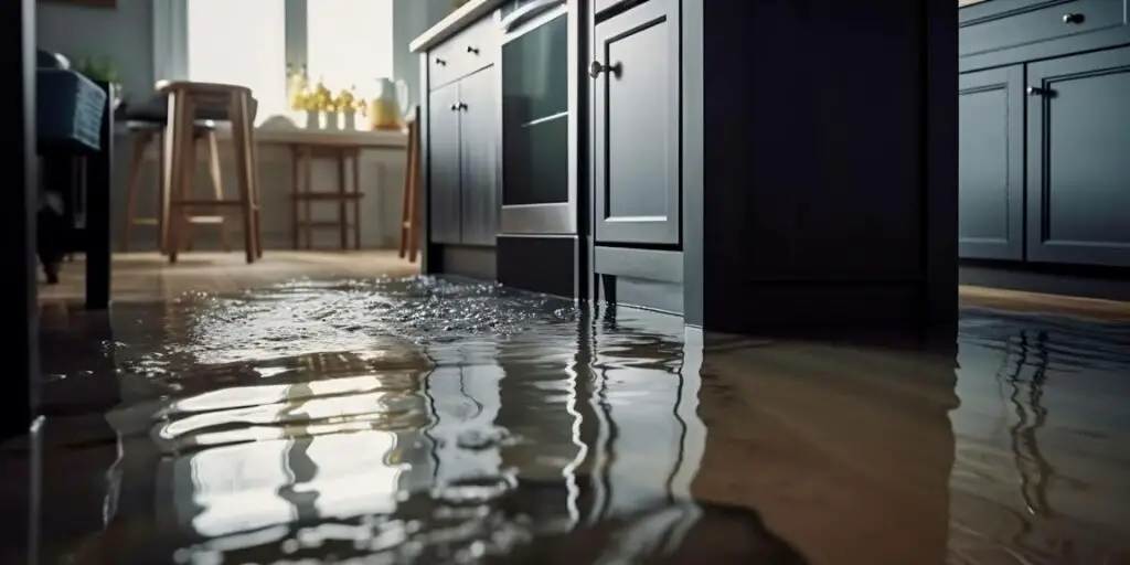 a kitchen with flooding