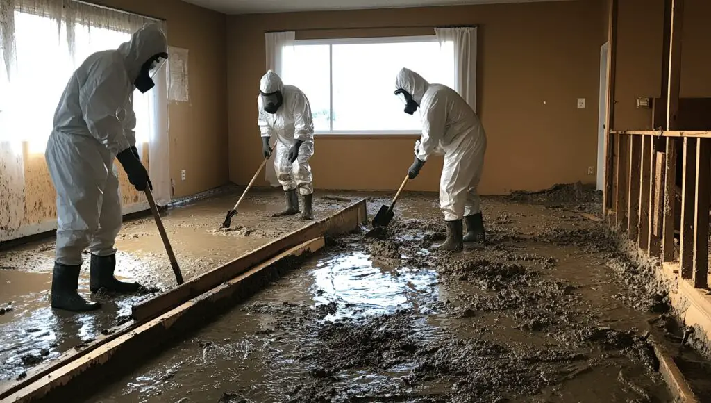 Three workers in protective suits and boots clean up mud and debris inside a flooded house (3)