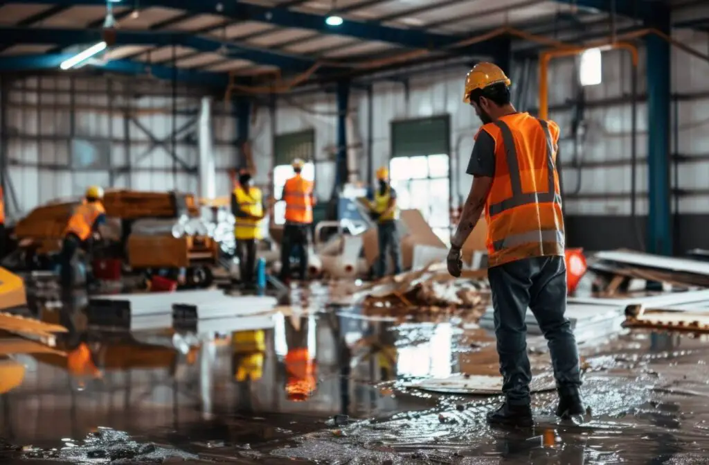 team of workers removing damaged materials after water leak, industrial fans, drying equipment in background