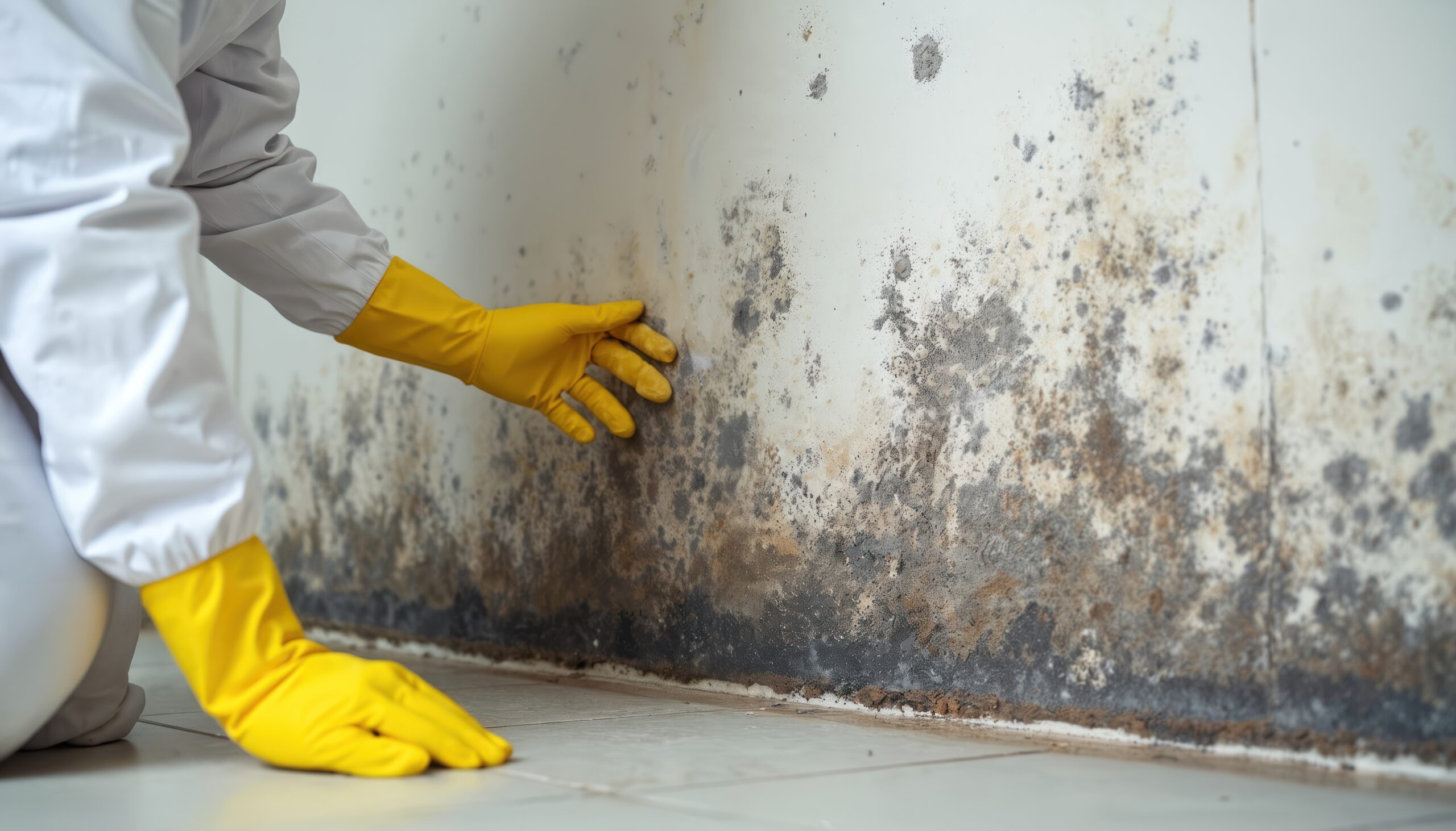 Specialist in protective gear inspects black mold growth on wall, assesses damage