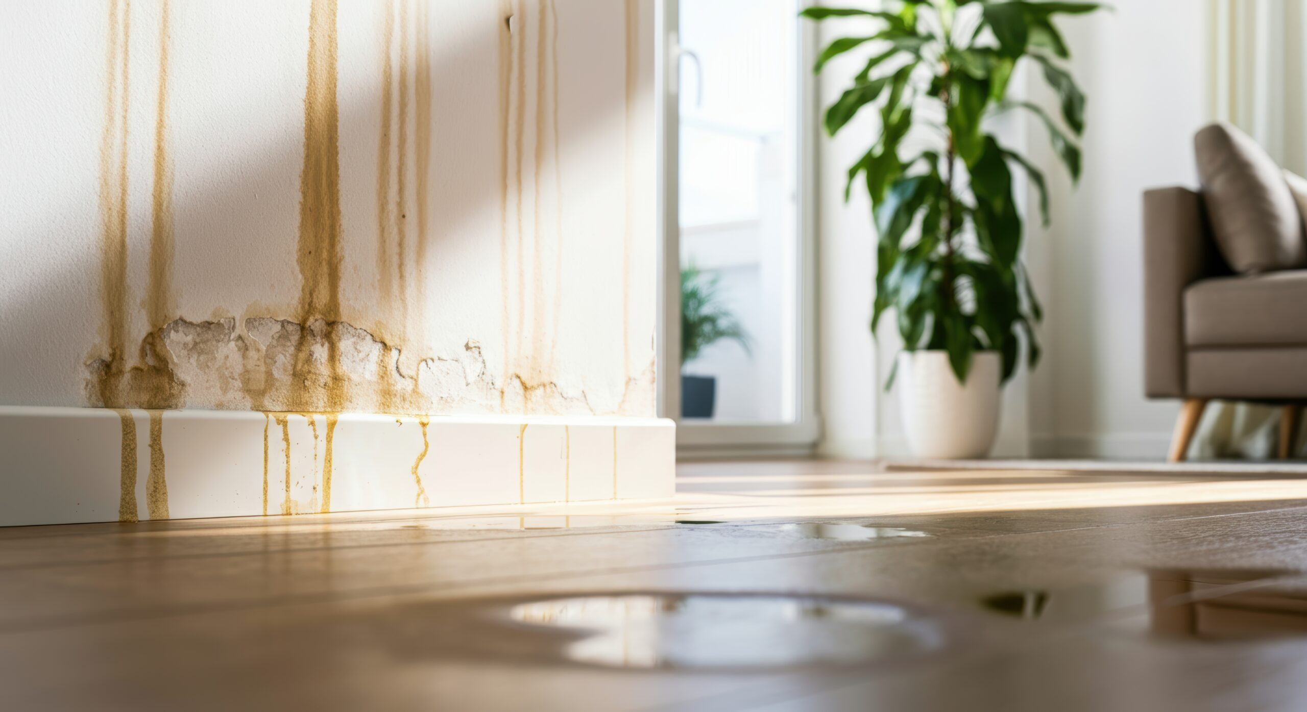 Water damage in modern living room with plant and sunlight