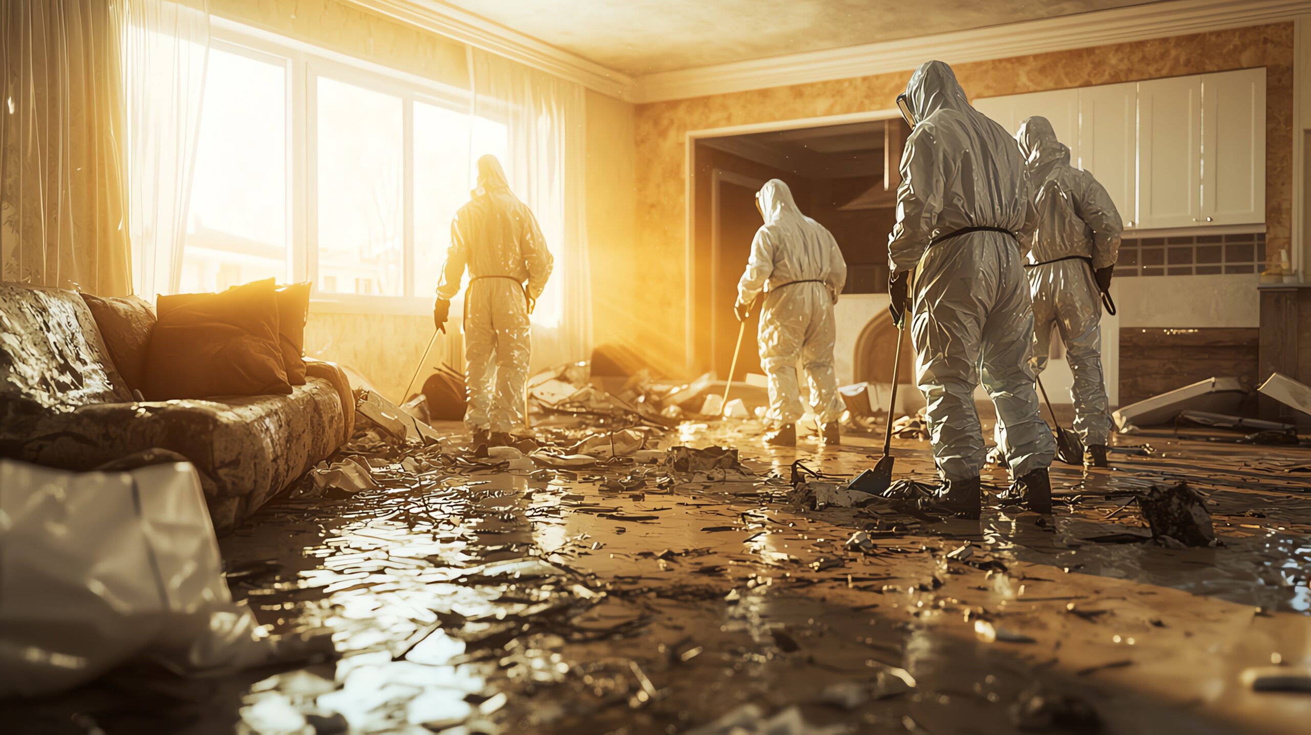 Workers cleaning a flood-damaged home