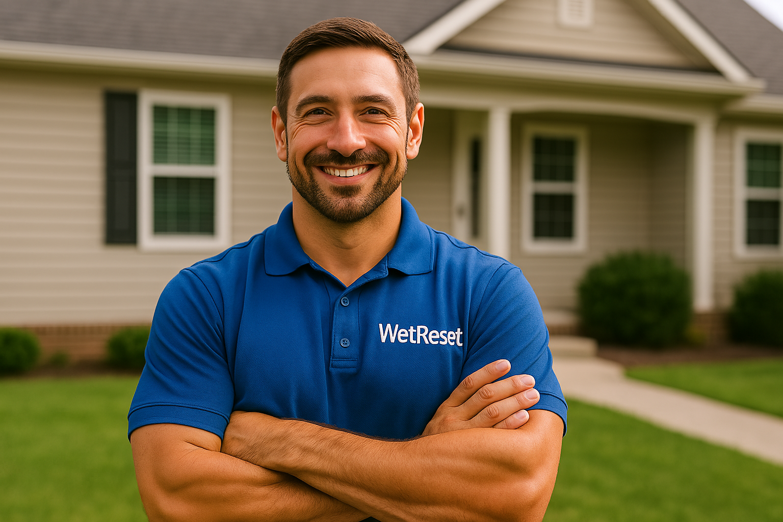a contractor standing in front of a house, smiling, arms folded